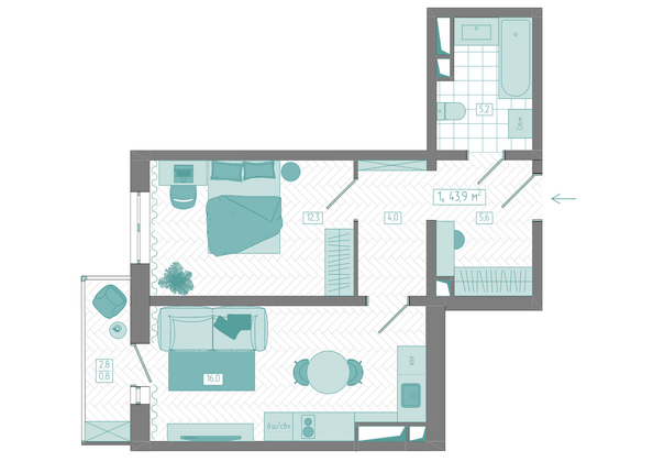 Планировка 1-комн 43,9 м²