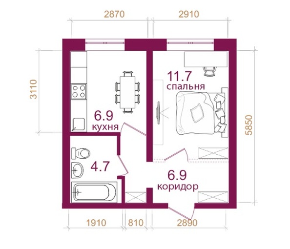 Планировка 1-комн 32,9 м²