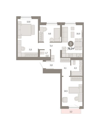 Планировка 3-комн 79,2, 79,38 м²