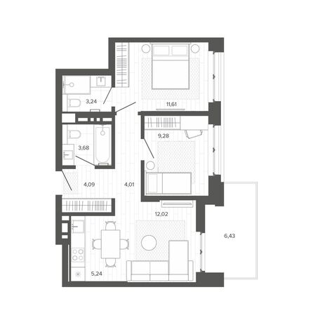 Планировка 3-комн 59,6 м²