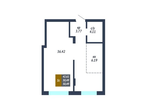 Планировка 1-комнатной квартиры 50,49 кв.м
