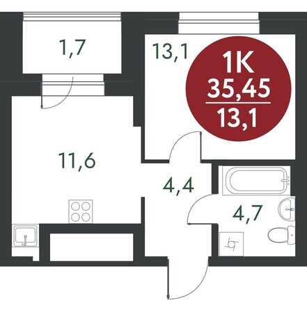 Планировка 1-комн 35,45 - 35,8 м²