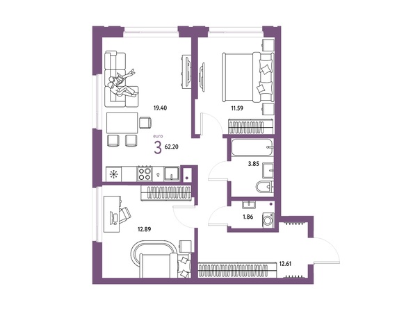 Планировка 3-комн 62,2 м²