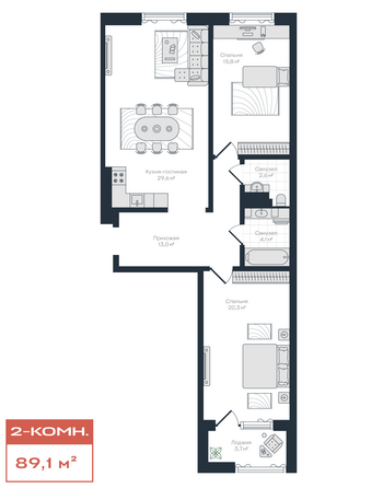 Планировка 2-комн 89,1 м²