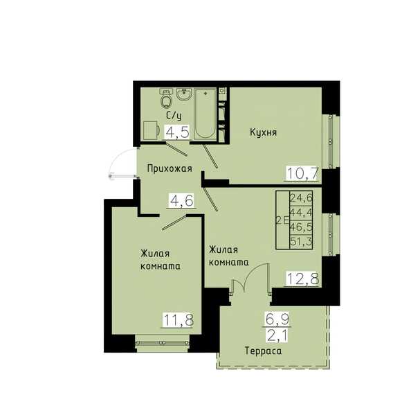 Планировка 2-комн 46,5 м²