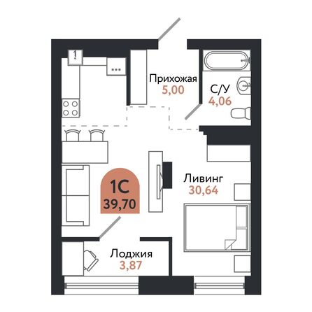 Планировка 1-комн 39,7 м²