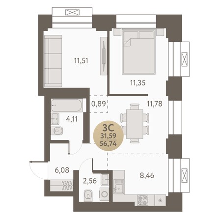 Планировка 3-комн 56,74 м²