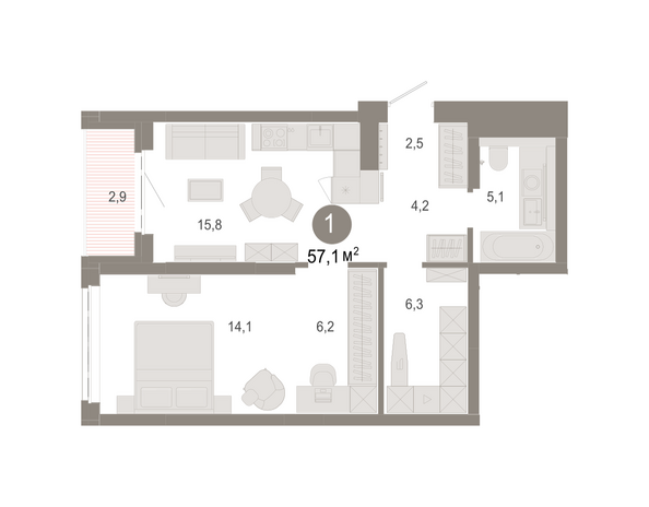 Планировка 1-комн 56,28 - 57,41 м²