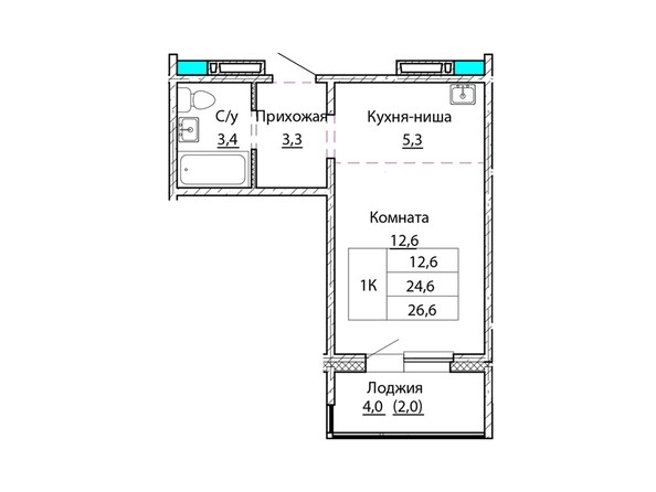 Планировка однокомнатной квартиры 26,6 кв.м