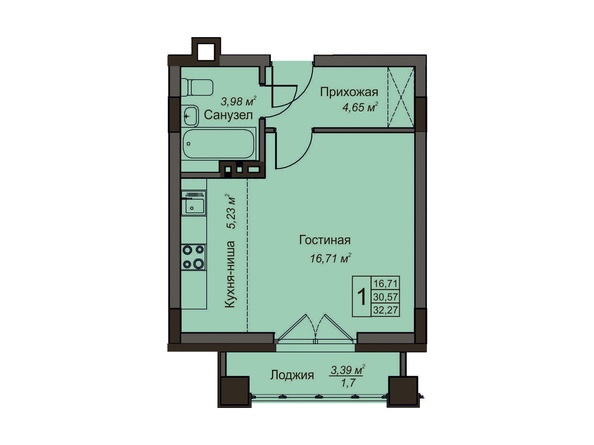 1-комнатная 32,27 кв.м