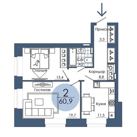 Планировка 2-комн 60,9 м²