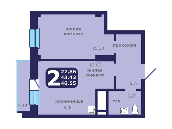 Планировка 2-комн 46,44, 46,55 м²