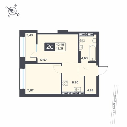 Планировка 2-комн 42,21 м²