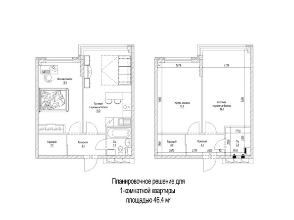 Планировка 1-комн 43,2, 46,4 м²