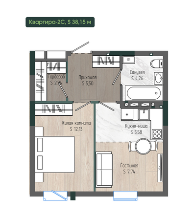 Планировка 2-комн 38,15 м²