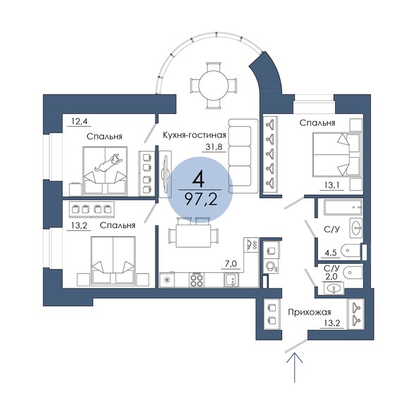 Планировка 4-комн 97,2 м²