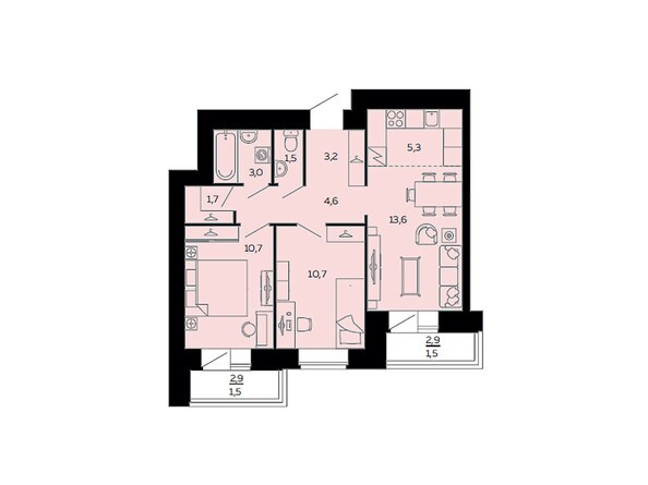 Планировка трёхкомнатной квартиры 57,3 кв.м