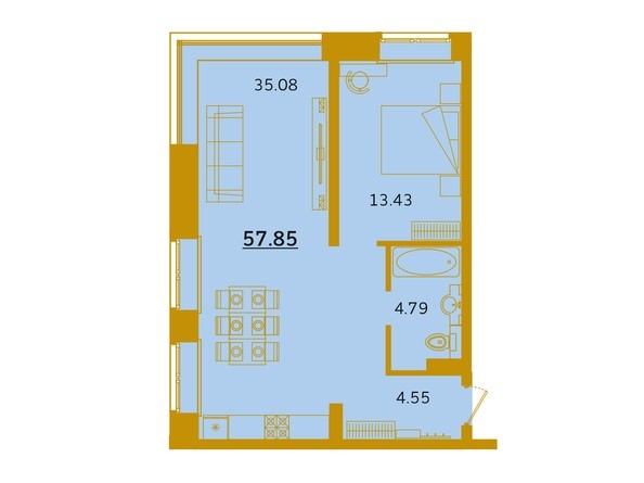 Планировка двухкомнатной квартиры 57,85 кв.м