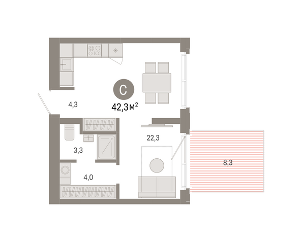 Планировка Студия 42,28 м²