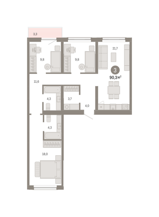 Планировка 3-комн 90,27 м²