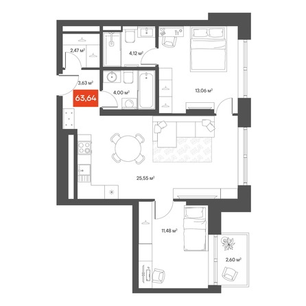 Планировка 2-комн 62,78 м²