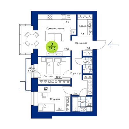 Планировка 3-комн 75,9 м²