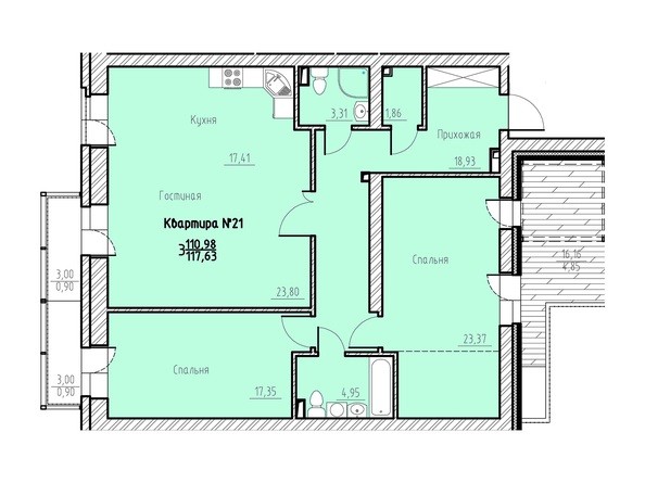 Планировка трехкомнатной квартиры 117,63 кв.м
