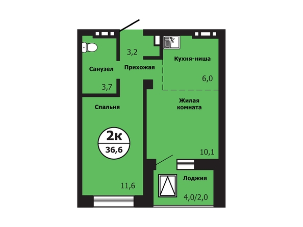 Планировка 2-комн 36,6, 36,8 м²