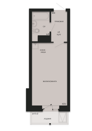 Планировка Студия 24,99, 25,07 м²