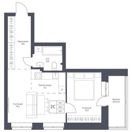 Планировка 1-комн 53,8 м²