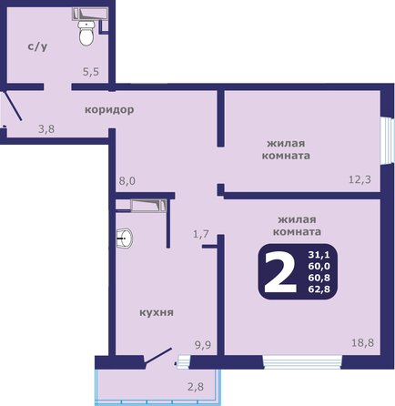 Планировка 2-комн 62,8 м²