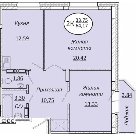 Планировка 2-комн 64,13 - 64,23 м²