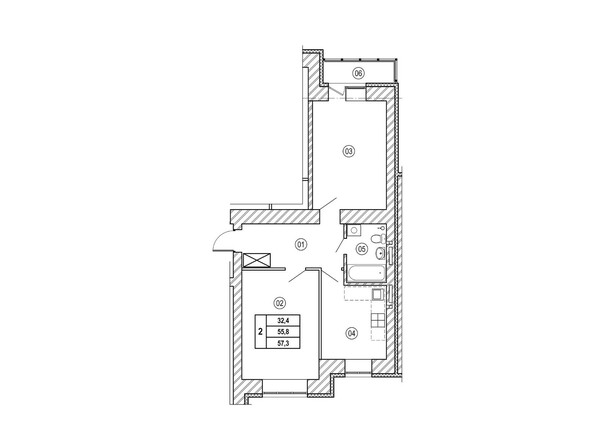 Планировка двухкомнатной квартиры 57,3 кв.м