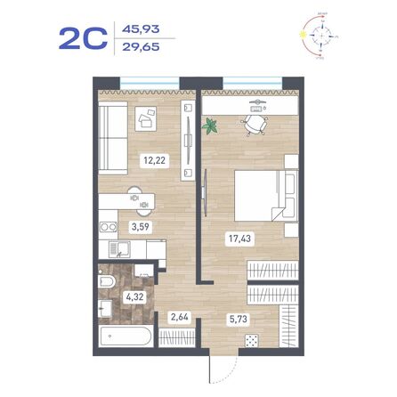 Планировка 2-комн 45,93 м²
