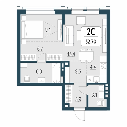 Планировка 2-комн 52,7, 52,8 м²