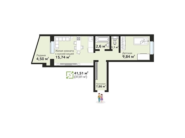 Планировка двухкомнатной квартиры 41,51 кв.м