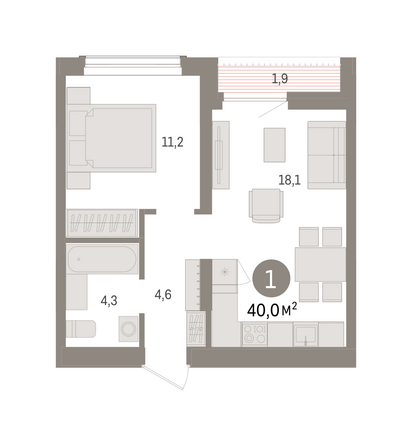 Планировка 1-комн 40,04 - 40,09 м²