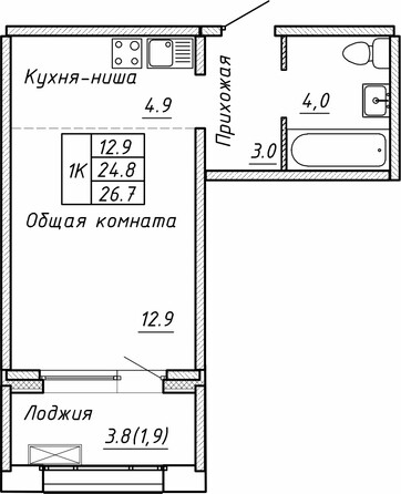 Планировка 1-комн 26,7 м²