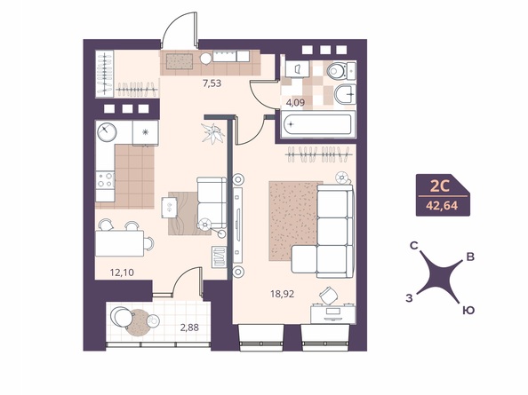 Планировка Студия 42,64 м²