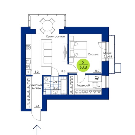 Планировка 2-комн 63,8 м²
