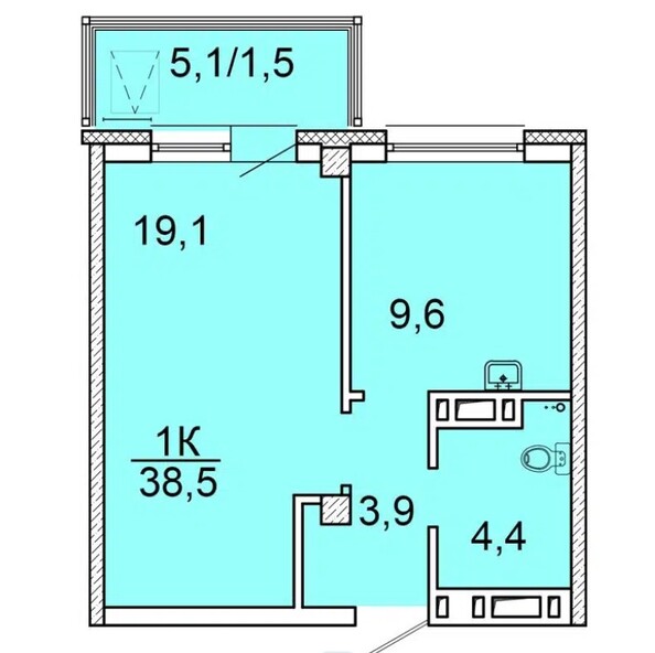Планировка 1-комн 38,1 - 38,5 м²