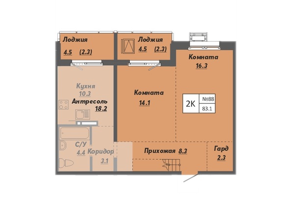 Планировка 2-комн 83,1, 84 м²