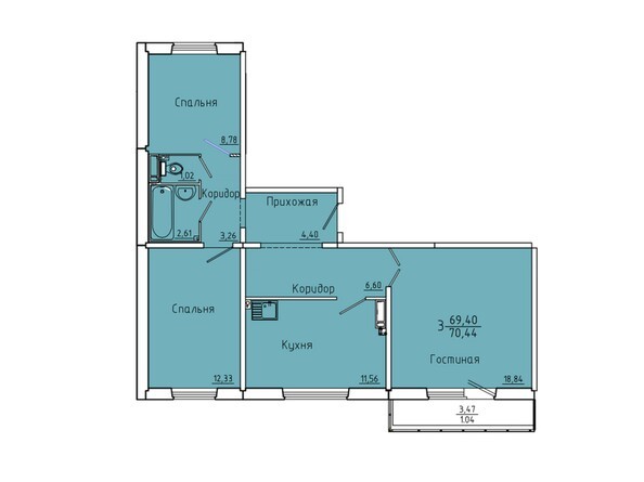 Планировка трехкомнатной квартиры 70,44 кв.м