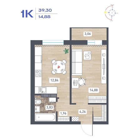Планировка 1-комн 39,3, 39,35 м²