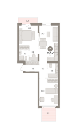 Планировка 2-комн 75,31 м²