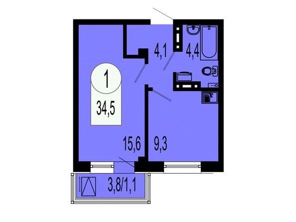 Планировка 1-комнатной квартиры 34,5 кв.м