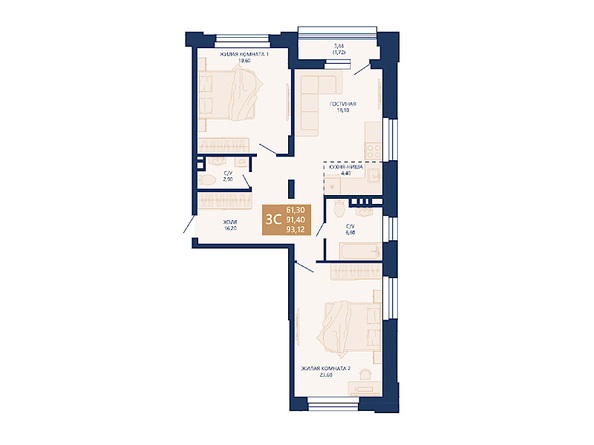 Планировка 2-комн 93,12, 93,62 м²