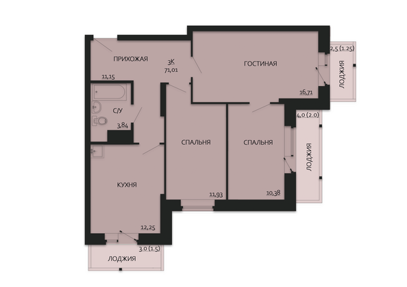 Планировка 3-комн 71,01, 71,24 м²