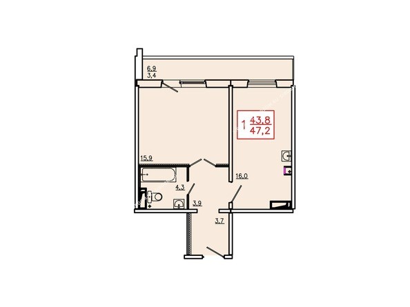 Планировка однокомнатной квартиры 47,2 кв.м. Этажи 2-9