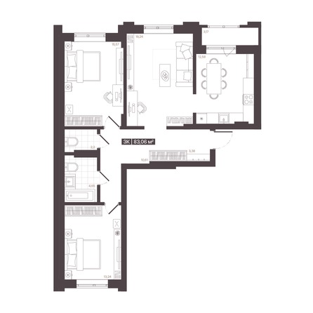 Планировка 3-комн 83,06, 83,87 м²